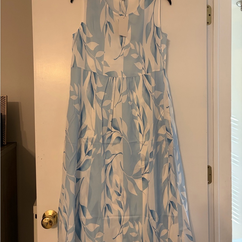 Blue and White Leaf Print Dress